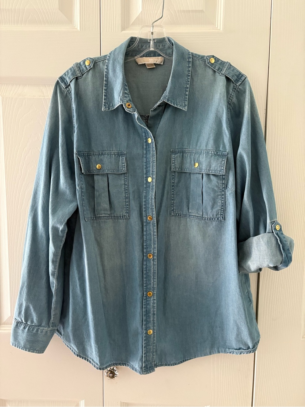 Michael Kors Light Blue Denim Utility Shirt with goldtone snaps - XL
